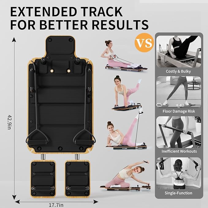Pilates Board Reformer for Home Workout, Reformer Board, Glide Board, Sliding Rails, Maple Wood Deck & High-Strength Steel Rails, Adjustable Resistance Bands, PU Wheels, Quick Assembly