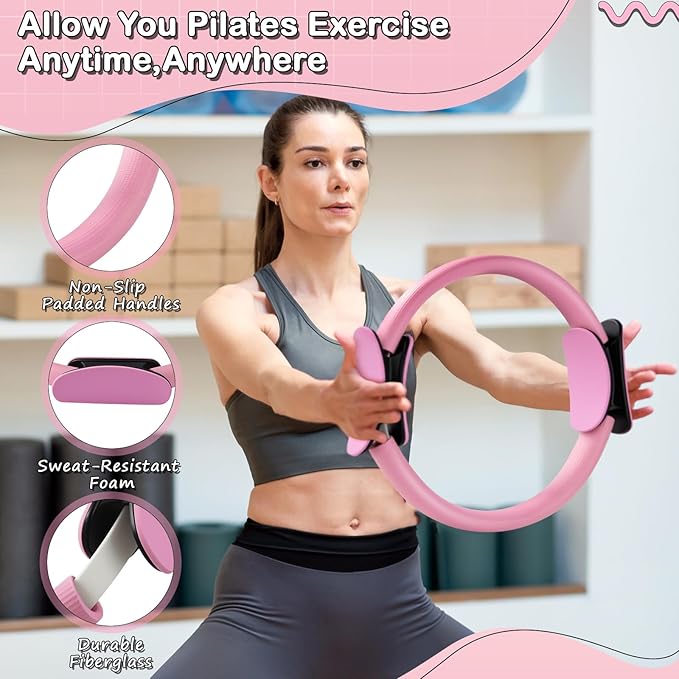 Pilates Kit 14PCS for Women,Home Workout Essentials Kit with Pilates Circle,9 Inch Yoga Ball, Figure 8 Resistance Band, Pilates Sock & Accessories for Beginners, Core Strength