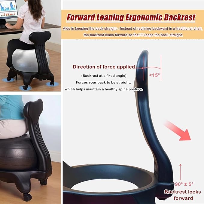 Ergonomic Support Exercise Ball Chair for Office, Premium Balance Ball Chair with Wheels for Easy Movement, Stability Desk Posture Chair, Pink Ball