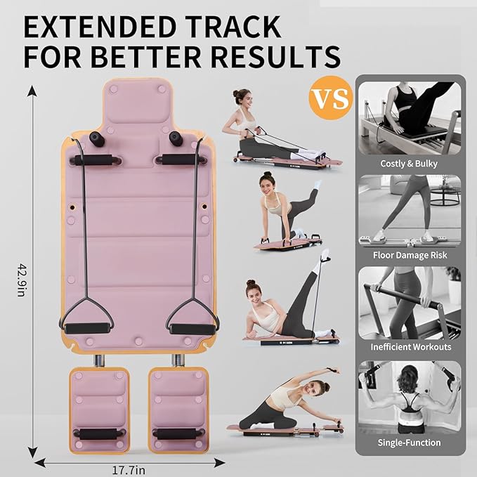 Pilates Board Reformer for Home Workout, Reformer Board, Glide Board, Sliding Rails, Maple Wood Deck & High-Strength Steel Rails, Adjustable Resistance Bands, PU Wheels, Quick Assembly