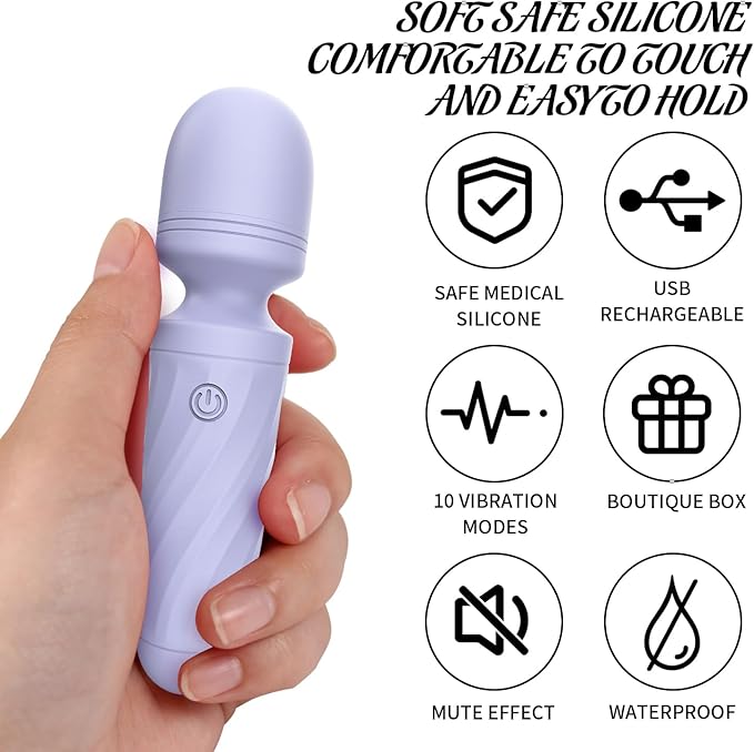 Handheld Personal Mini Massager Tool– Waterproof, USB Rechargeable, 10 Vibration - Perfect on Back Legs Hand Pains and Sports Recovery(Gray Purple)