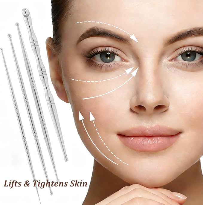 4Pcs Stainless Steel Acupuncture Pen Set with 8 Different Sized Heads for TMJ Pain Relief and Muscle Knot Release, Facial Reflexology Self Care Tools, Portable Dual Head Manual Massage Sticks