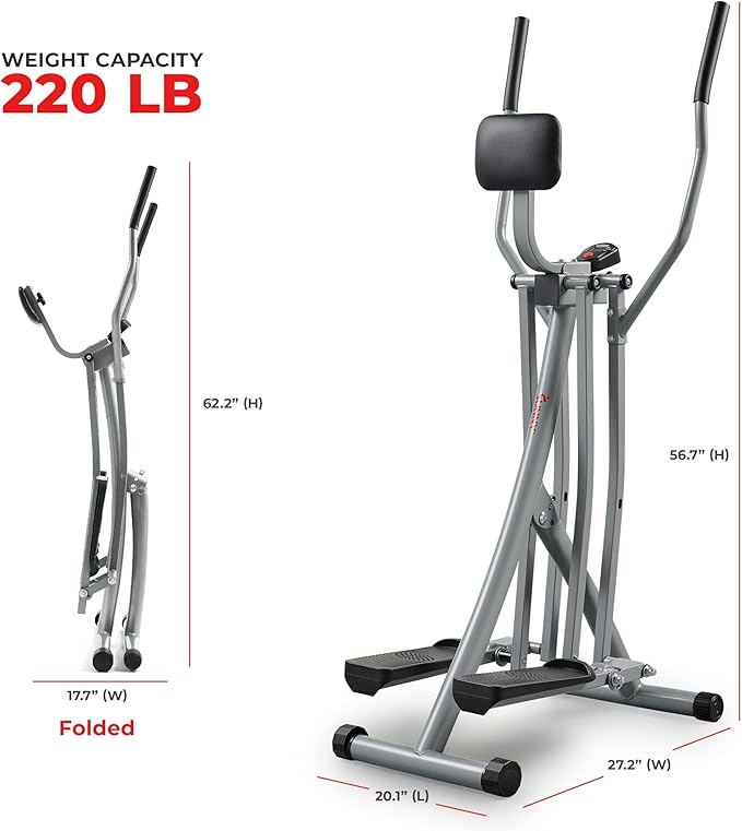 Sunny Health & Fitness Foldable Air Walk Elliptical, 30" inch Long Stride Full-Body Cardio Cross Trainer Glide Exercise for Home Office, SunnyFit App via Bluetooth with Optional Adjustable Resistance