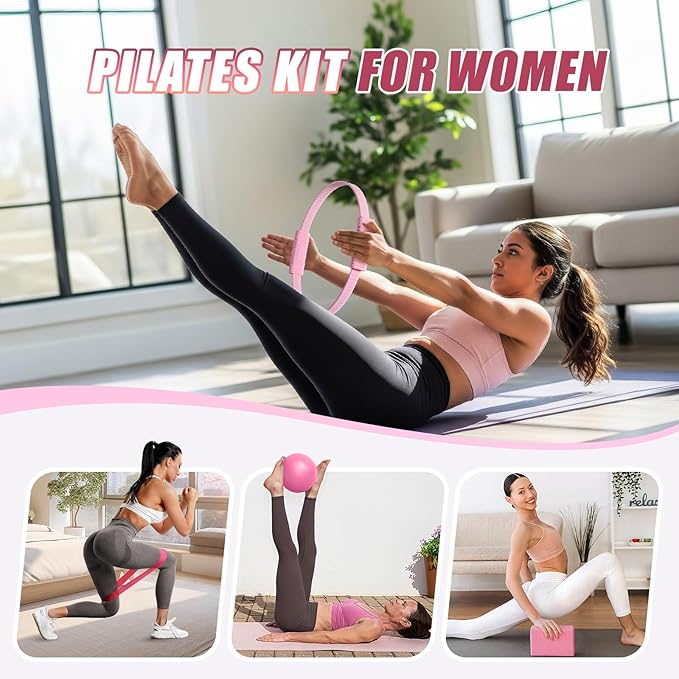 Pilates Kit for Women, 13.7in Silicone Pilates Ring with 5 Resistance Bands, 1 Yoga Ball, 1 Yoga Block, 2 Core Sliders, Video Guide for Full Body Home Workouts