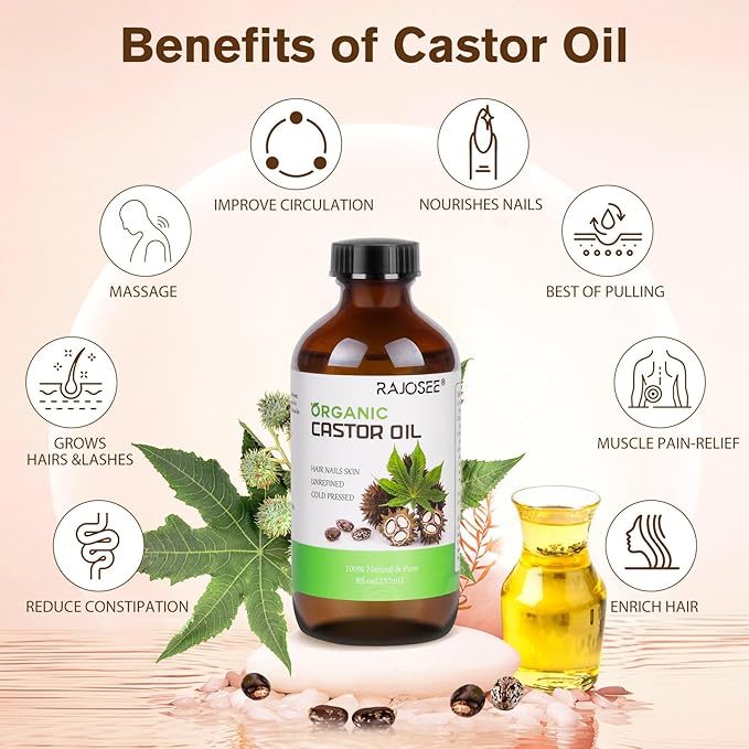 70 Pcs Castor Oil Pack with Castor Oil Organic Cold Pressed Glass Bottle 8oz, Cotton Caster Oil Wrap for Waist Back Neck Arm, Self-Adhesive for Convenient Use