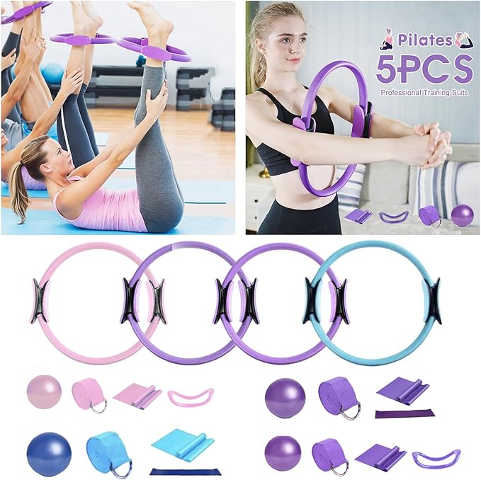 Pilates Ring, 15" Durable 5 Pack Pilates Circle Ring with Yoga Strap,Mini Ball,Padded Handles Magic Circle,Resistance Bands,Pilates Circle Ring Equipment for Toning Inner Thighs,Core,Arms,Legs