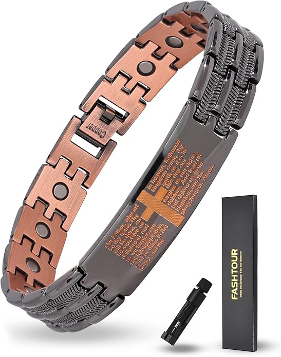 Magnetic Bracelet and Ring Set for Men, 99.99% Pure Copper Jewelry, Adjustable Cross & Celtic Knot Design, Gift for Dad