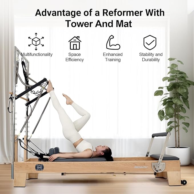 Pilates Reformer, Pilates Reformer Machine, Pilates Equipment for Home and Studio, Black Ultrafine Leather, Adjustable Resistance System