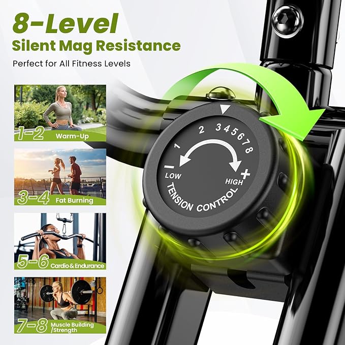 Foldable Exercise Bike, Multifunctional Indoor Stationary Bikes for Home with 8-Level Magnetic Resistance, Quiet Workout Bike with Arm Resistance Bands, LCD Monitor, 300LBS Capacity