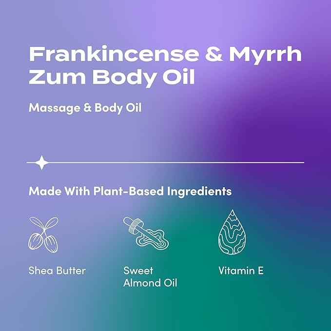 Indigo Wild Zum Frankincense & Myrrh Body Oil - Nourishing Body Massage Oil for Massage Therapy & Hydration - Nourishing, Vegetarian Massaging Oil with Sweet Almond Oil - 4 fl oz