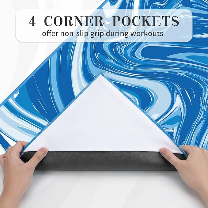 Yoga Mat Towel Cover with Large Corner Pockets, Non Slip Grip Microfiber Mat Cover Mat for Hot Yoga, Pilates and Gym Workout, 74" L x 26" W, Blue