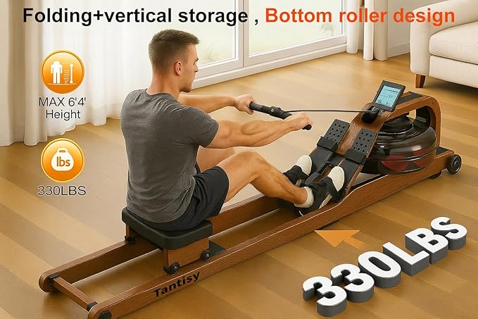 Foldable Rowing Machines for Home with Adjustable Large Water Tank & Comfortable Seat for Real Experience Immersive Water Rower, APP Link,Joint 0 Impact 330LBS Weight Capacity;