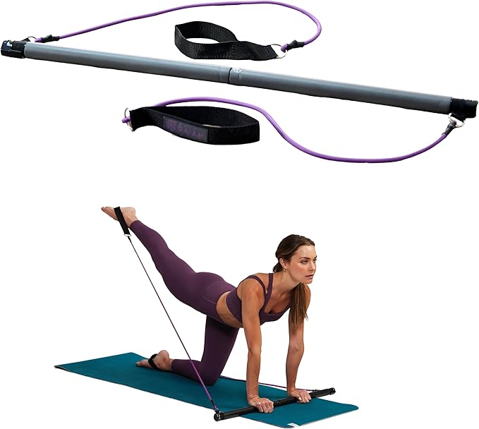 Gaiam Restore Pilates Bar Reformer Kit - Home Fitness Equipment for Total Body Workout - Includes Bar, Two 30-Inch Resistance Band Cords with Attached Foot Strap Loops - Exercise Guide Included
