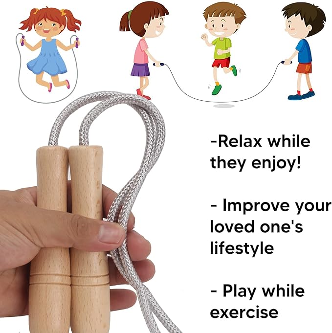 Jump Rope Kids,8.5ft Adjustable Cotton Skipping Rope with Wooden Handle for Boys and Girls Fitness Outdoor Exercise (Silver)