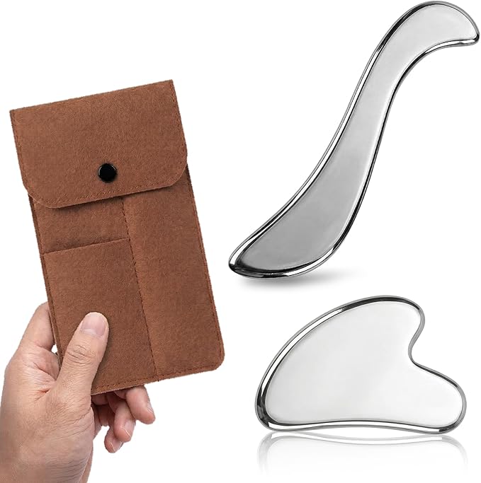 Rena Chris Gua Sha & Muscle Scraper Tool, Stainless Steel Face & Body Gua Sha Set for Lymphatic Drainage & Deep Tissue Massage, Travel Pouch & Guide Included (2-Piece Kit)