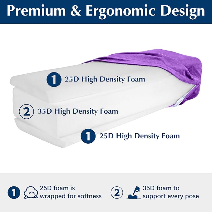 2-Pack Yoga Bolster Pillow Set: Rectangular & Cylinder Pillows for Meditation and Support, Yoga Pillows with Washable Velvet Cover, Triple-Layer Sponge with Carry Handle, Purple