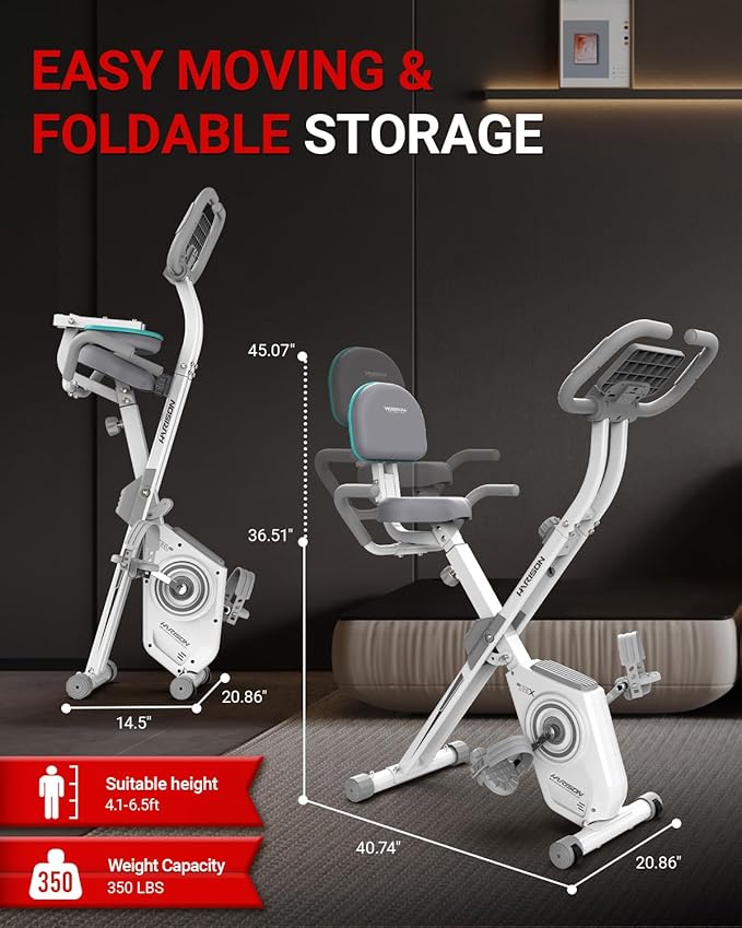 HARISON Folding Exercise Bike 350 LBS Capacity, 5 in 1 Bluetooth Stationary Bikes for Home with 16-Level Resistance and Arm Resistance Bands, Magnetic X-Bike with LCD Monitor & Back Support