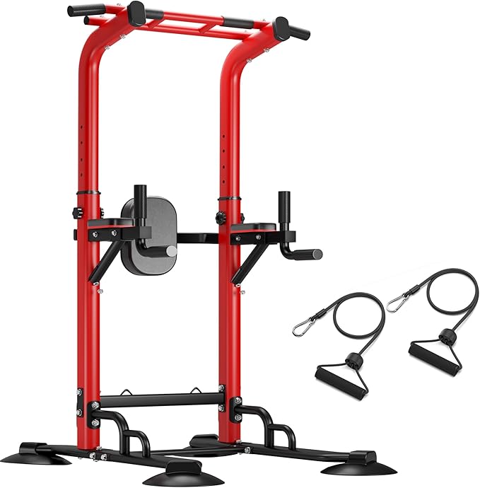 DlandHome Pull Up Bar Power Tower Dip Station, Height Adjustable Heavy Duty Workout Dip Stand, Multi-Functional Strength Training Machine for Men Women Home Gym