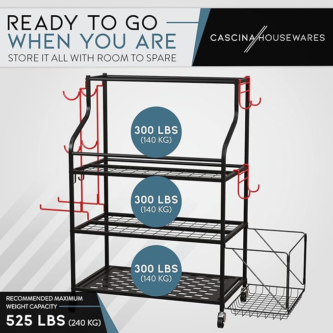 Cascina Home Gym Storage Rack - Weight Rack for Dumbbells, Kettlebells, Foam Roller, Resistance Bands and Yoga Mat Storage Holder - Exercise Workout Equipment Storage Organizer with Hooks and Wheels