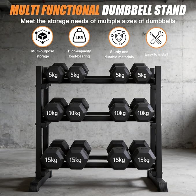 Dumbbell Rack 3-Tier Adjustable Dumbbell Rack Suitable for Dumbbells, Kettlebells, and Other Compact Weights Space-Saving Dumbbell Storage Rack - 1000LBS Capacity