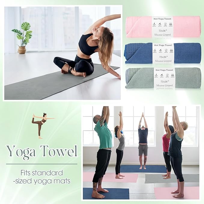 3 Pack Non Slip Hot Yoga Mat Towel with Grip Dot and Secure Fit Elastic Straps 72" x 26" Microfiber Yoga Towel Absorbent Sweat for Pilates Fitness(Morandi Pink Blue Green)