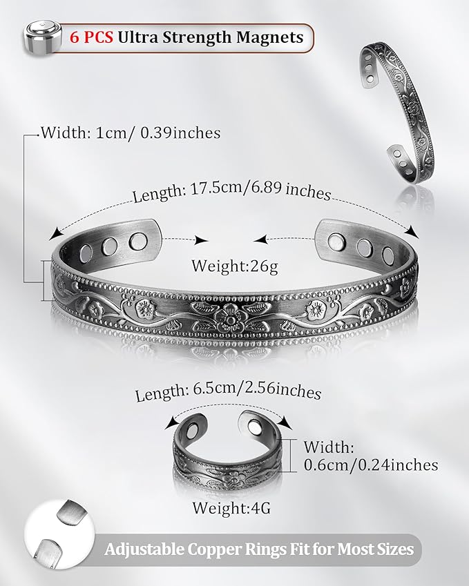 BioMag Copper Bracelet & Ring for Women, 99.99% Pure Copper Magnetic Bracelet Lymphatic Drainage Rings with 3500 Gauss Magnets, Adjustable & Flower Pattern (Antique Silver-A)