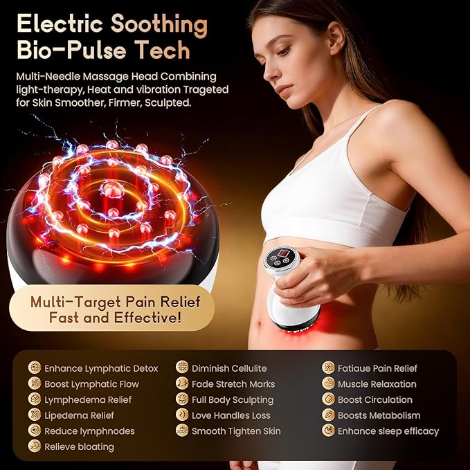 Lymphatic Drainage Massager & Anti Cellulite Massage Tool, Helps Reduce Stretch Marks & Cellulite, for Legs, Arms & Belly, Body Sculpting Machine with Microcurrent & Red-Light & Heat & Vibration