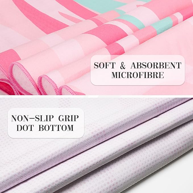 Yoga Mat Towel Cover with Large Corner Pockets, Non Slip Grip Microfiber Mat Cover Mat for Hot Yoga, Pilates and Gym Workout, 74" L x 26" W, Pink