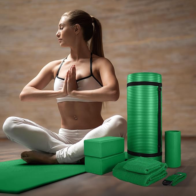 BalanceFrom 7-Piece Yoga Set with 71x24x1 Inches Extra Thick Mat and Carrying Sling – Includes 2 Blocks, Stretch Strap, 2 Towels, and Knee Pad for Home, Studio, and Gym Workouts