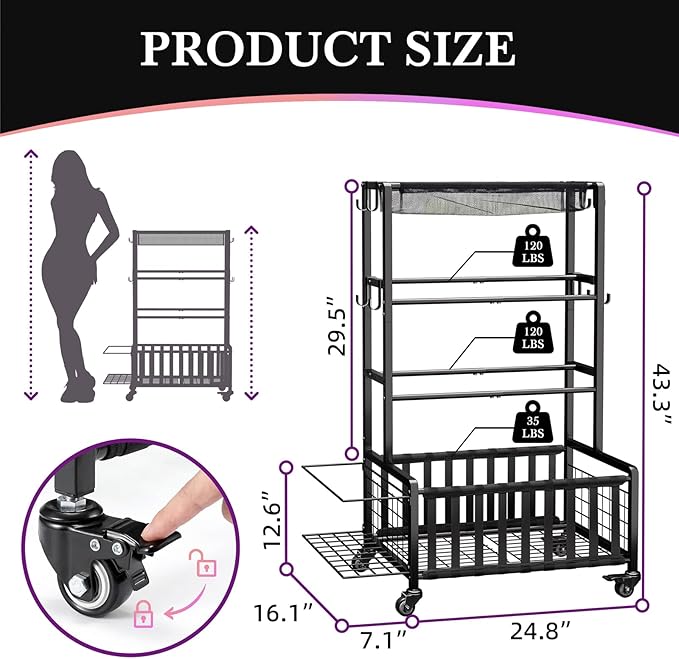 Dumbbell Rack, Adjustable Weight Rack for Home Gym, Heavy-Duty Workout Storage Organizer for Dumbbells Kettlebells Yoga Mat and Balls, Exercise Equipment Holder with Wheels & Hooks