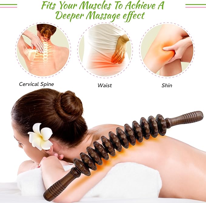 Wooden Curved Handheld Roller Massager Stick- 12 Rollers Wood Therapy Tool for Trigger Point, Fascia & Cellulite Reduction, Lymphatic Drainage, Muscle Tension Relief & Body Shaping (Brown)
