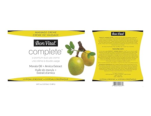 Bon Vital Complete Massage Creme, 1/2-Gallon, Unscented Non-Greasy Cream with Marula, Olive & Jojoba Oils, Hypoallergenic Moisturizer for Professional & Home Use, Premium Dual-Purpose, Massage Therapy