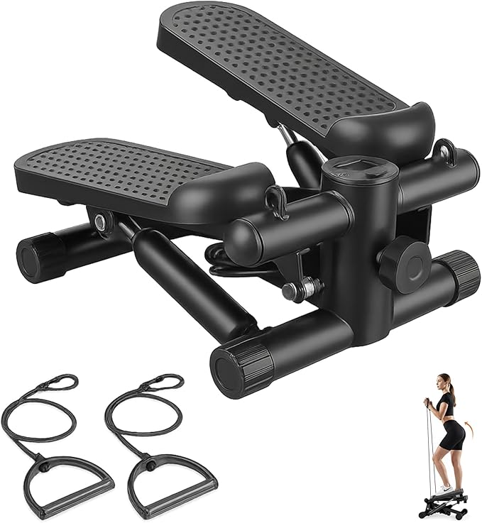Mini Stair Steppers with Resistance Bands for Exercise at Home, Portable Exercise Twist Stepper Machine for Full Body Workout, Hydraulic Fitness Stepper with LCD Monitor，Black