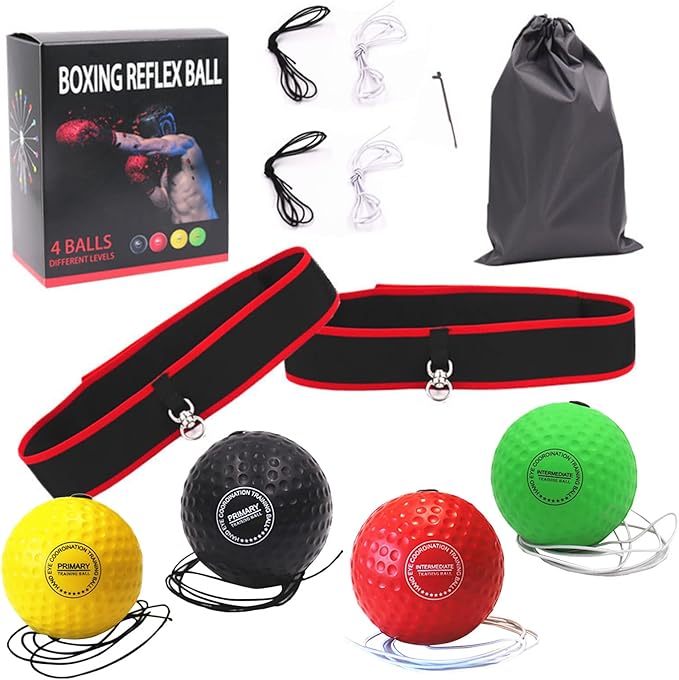 Boxing Reflex Ball, Headband Boxing Reaction Ball, Hand Eye Coordination Punching Speed Training Recreation Balls, Punch Ball Reflex Ball with Carry Bag for Teens Adults (4 Balls + 2 Headbands)