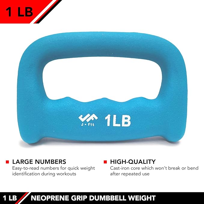JFIT Neoprene D Grip Dumbbells - Single Weights 1LB-5LB - Premium Non-Slip, Hand Weights, Ergonomic Design