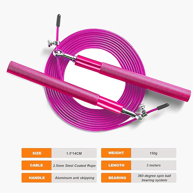 Speed Jump Rope - 360° Swivel Ball Bearing - Adjustable steel coated rope-Aluminum Anti Skipping Handle -Fitness Training Boxing Sports Exercises -Suitable for Kids and Adults