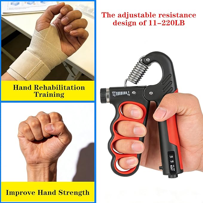 Hand Gripper Strengthener, 11-220LBs Adjustable Resistance Grip Strength Trainer with Counter, Forearm Exerciser for Injury Recovery and Muscle Building
