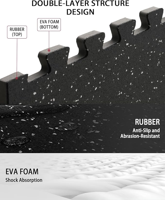 Mikolo 0.56'' Thick 12 Pcs 48 Sq Ft Gym Flooring Mats, High-Density EVA Foam with Rubber Top, Interlocking Exercise Equipment Mats for Home Gym, Protective Workout Mat