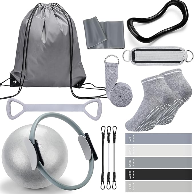 Pilates Ring Circle Set 18 Pcs Exercise Equipment Accessories for Women Workouts Pilates Ball Stretching Strap Magic Circle Yoga Ring Gym Back Bag Resistance Band Anti Slip Socks