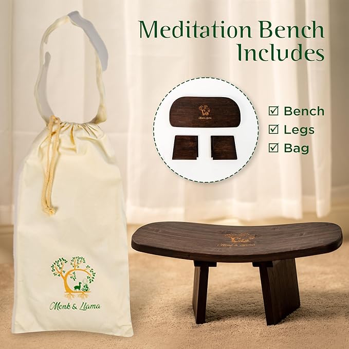 MONK & LLAMA Meditation Bench - Foldable, Ergonomic, Bamboo Kneeling Stool— Perfect Seiza Bench Meditation Stool Chair for Prayer & Travel - Deeper & Enjoyable Sessions