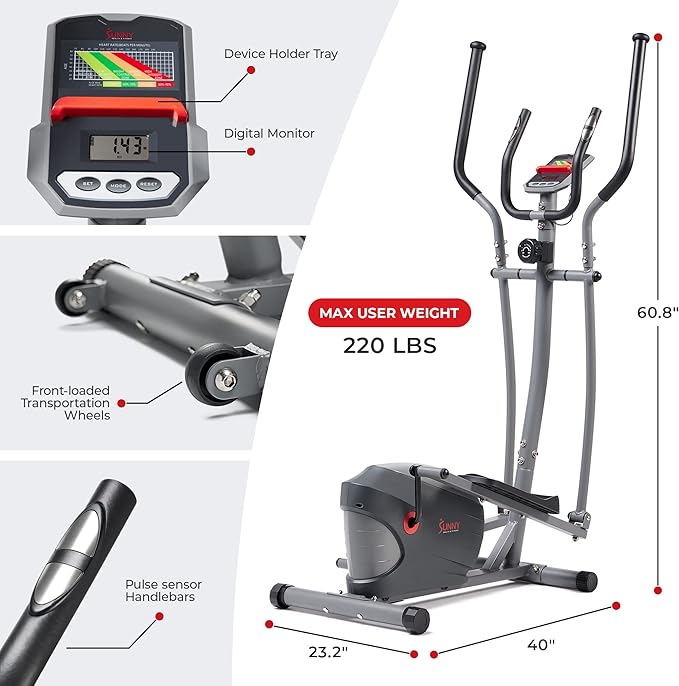 Sunny Health & Fitness Upright Elliptical Machine, Full Body Cardio Exercise with Adjustable Resistance, Arm and Leg Workout Machine, SunnyFit App via Bluetooth Optional Electro-Magnetic Resistance