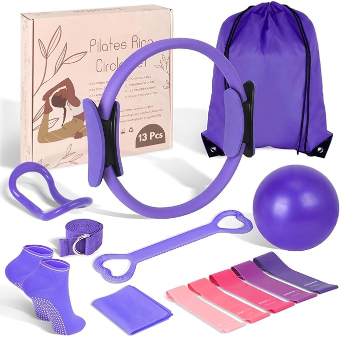 Home Pilates Essentials Kit for Women - Complete Pink Equipment Set with 9 Inch Yoga Ball, Figure 8 Resistance Band, Bands & Accessories, Ring for Beginners Workouts