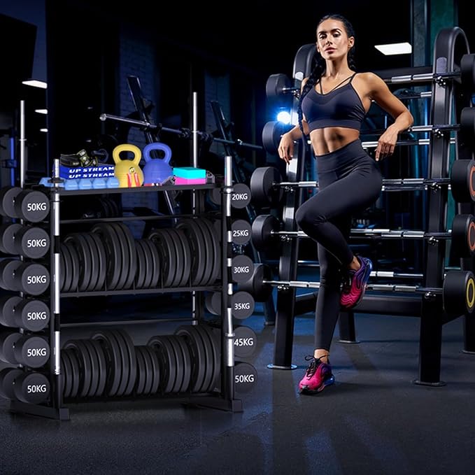 Dumbbell Rack - Weight Plate Rack for Home Gym, Peloton Weights for 2700lbs Large 3 Tier Kettlebell Barbell Rack Workout Equipment Strength Training Dumbbell Organization Stand Only