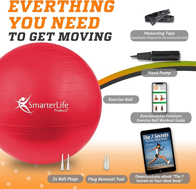 SmarterLife Exercise Ball Yoga Ball for Fitness, Balance, Stability, or Pregnancy, Gym Ball for Core Workout, Physical Therapy, Yoga Ball Chair for Office, Anti-Slip Anti-Burst