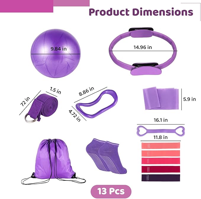Home Pilates Fitness Kit for Women, 13 Items Including Ring, Ball, Resistance Bands, and Yoga Strap