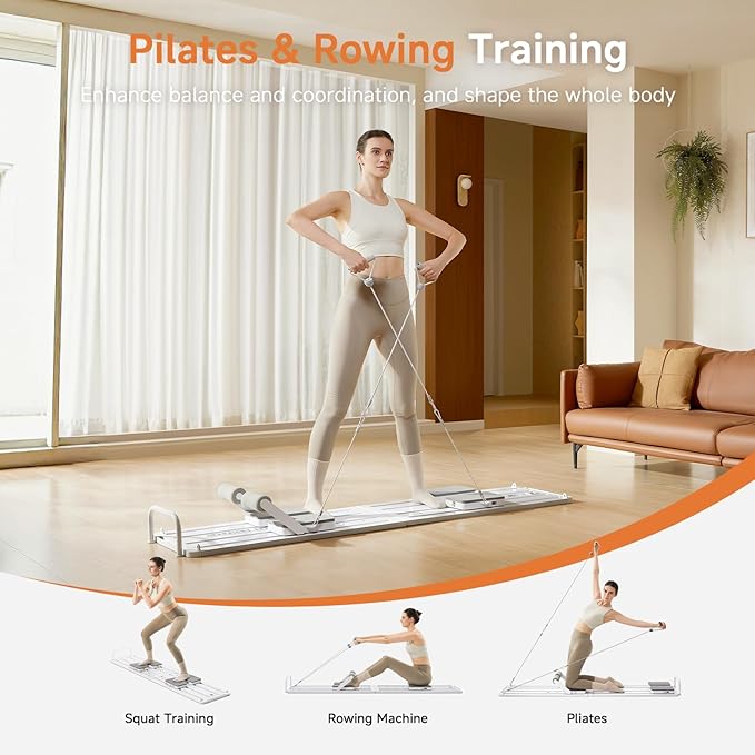Pilates Crawling Machine,Portable Foldable Reformer Board, All-in-One Pilates Equipment for Home Workout,Core Strength&Full Body Exercise Kit with Exclusive APP for Small Space Max 265lbs,White