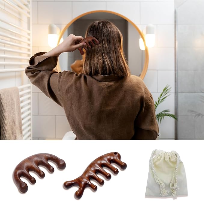 2 Pack Wooden Scalp Massager Comb, Sandalwood Scalp Massage Wood, Head Massager Gua Sha Brush for Women Men Hair Growth