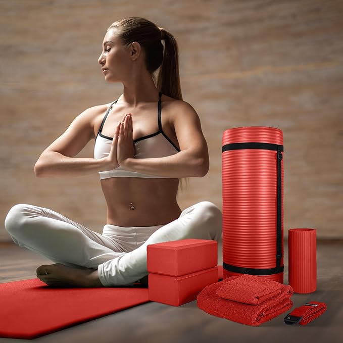 BalanceFrom 7-Piece Yoga Set with 71x24x1 Inches Extra Thick Mat and Carrying Sling – Includes 2 Blocks, Stretch Strap, 2 Towels, and Knee Pad for Home, Studio, and Gym Workouts