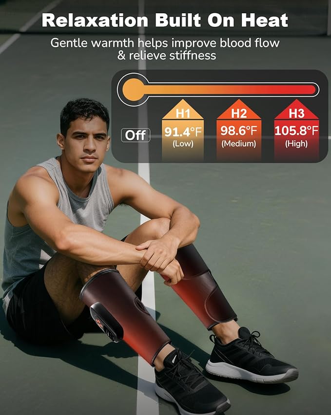 Air Compression Leg Massager with Heat : Sequential Calf Massager with 5 Modes, 5 Intensity & 3 Heat for Circulation and Pain Relief - Rechargeable Calf Compression Device for Fast Recovery