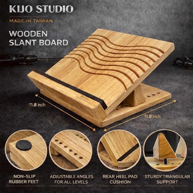 16-Level Adjustable Wooden Slant Board for Squats – 550 lbs Heavy Duty Squat Wedge for Weightlifting & Ankle Mobility – Incline Board for Calf Raises & Leg Day Training【Made in Taiwan KIJO Studio】
